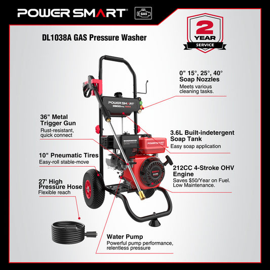 PowerSmart 3800PSI 2.5GPM 212cc Gas Pressure Washer DL1038A