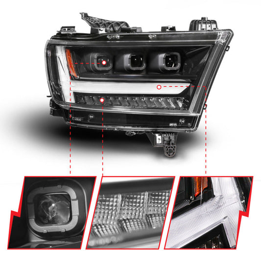 ANZO 19-24 RAM 1500 (New Body/OE Halogen) Full LED Proj Headlights DRL/SeqSig Black - Pass. Side 111628A-R