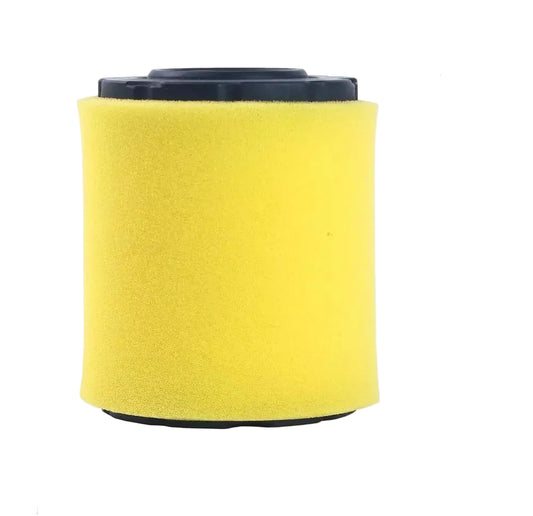 Yellow air filter with dimensions and weight information on a white background