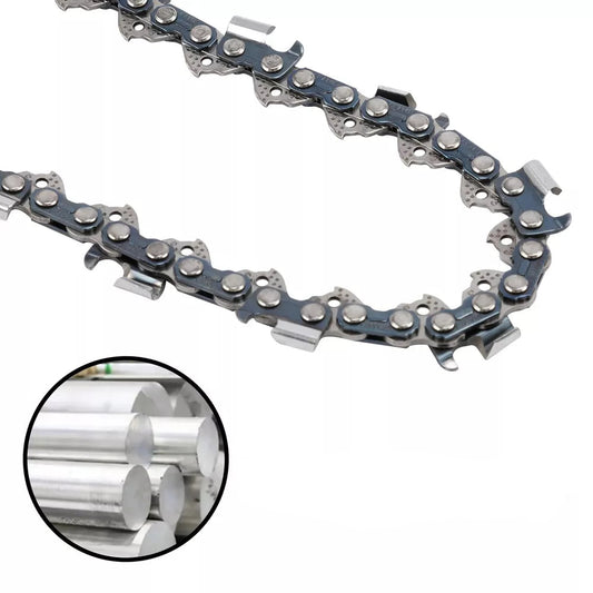Saw chain with premium manganese steel feature on a white background