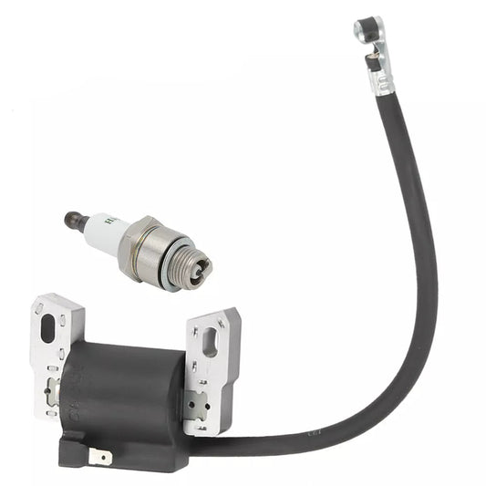 Automotive parts including a black component with a cable, a spark plug, and a metal bracket on a white background. Autoplanparts logo is visible.