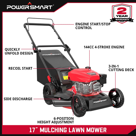 PowerSmart 17" 144cc Gas Push 3-in-1 Lawn Mower DV8618P/V8617P