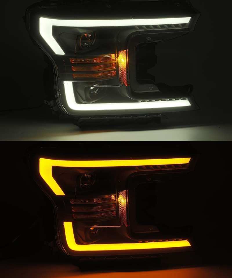 AlphaRex 18-20 Ford F-150 LUXX LED Proj Headlights Plank Style Jet Blk w/Activ Light/Seq