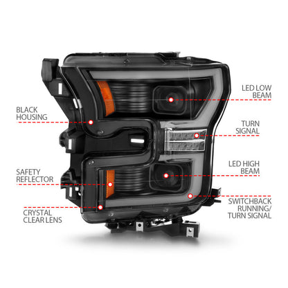 ANZO 15-17 Ford F-150 LED Projector Headlights - w/ Light Bar Switchback Black Housing 111547
