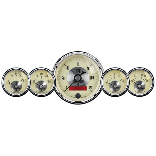 AutoMeter Gauge Kit 5 Pc. 3-3/8in. & 2-1/16in. Elec. Speedo W/Lcd Odo Prestige Antq. Ivory 2000