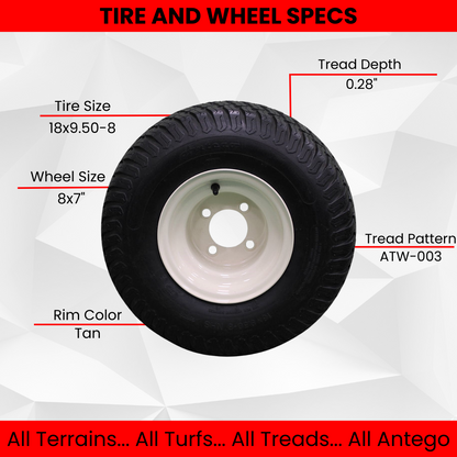 (Set of 4) Beige/Tan Steel Wheels with 18x9.50-8 4 Ply Turf Tires for Golf Cart and Lawn