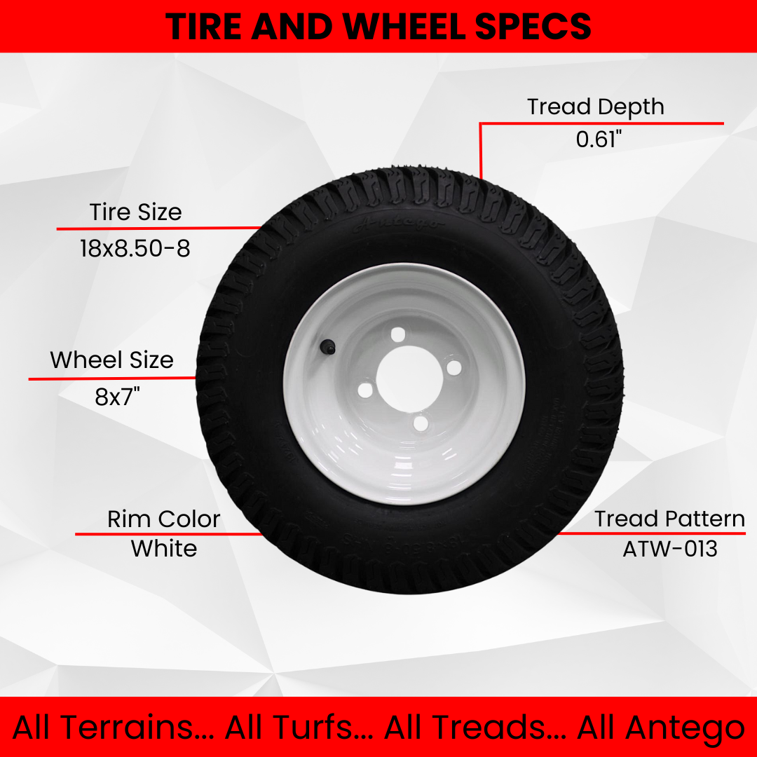 18x8.50-8 Turf Tires on 8x7 White Steel Wheels Compatible with Golf Carts and Mowers