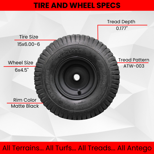 Antego Tire & Wheel - (Set of 2) (ATW-001) Matte Black Universal Fit 15x6.00-6nhs Lawn