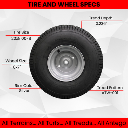 20x8.00-8 Tires with 8x7 Wheels 4 Ply for Lawn & Garden Mower Turf Tires (Qty: 1