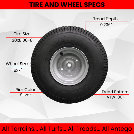 20x8.00-8 Tires with 8x7 Wheels 4 Ply for Lawn & Garden Mower Turf Tires (Qty: 1