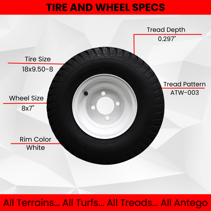 (Set of 4) White Steel Wheels with 18x9.50-8 4 Ply Turf Tires for Golf Cart and Lawn and