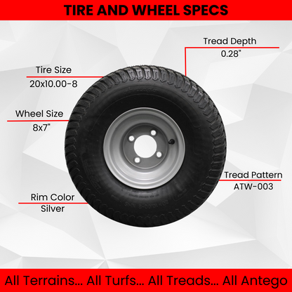 20x10.00-8 4 Ply Turf Tires with 8x7 Wheels Lawn & Garden Mower and Golf Cart (Set of 2)