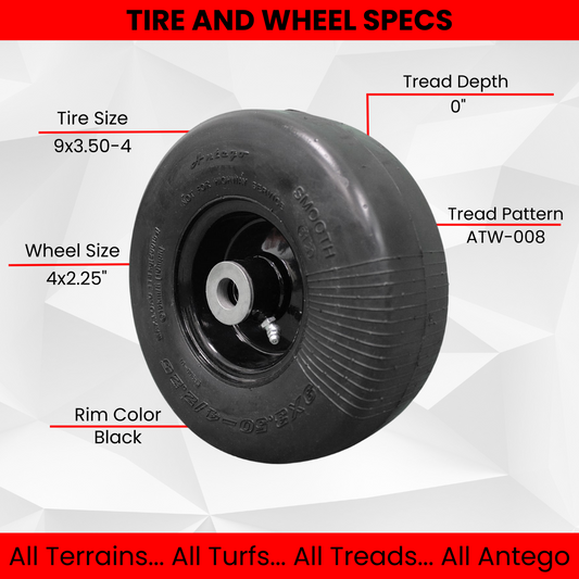 9x3.50-4 Flat Proof, Smooth Semi Pneumatic with Black Wheel (Set of 2) Replacement for