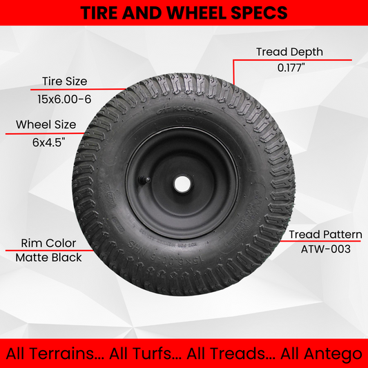 Antego Tire & Wheel - (Set of 2) (ATW-003) Matte Black Universal Fit 15x6.00-6nhs Lawn