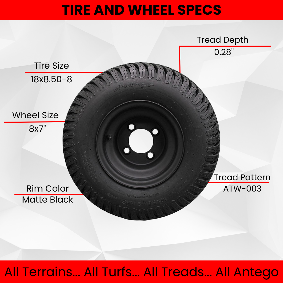 18X8.50-8" Turf Tires 4 Ply with 8x7 Matte Black Steel Golf Cart Wheel Assemblies (Set of