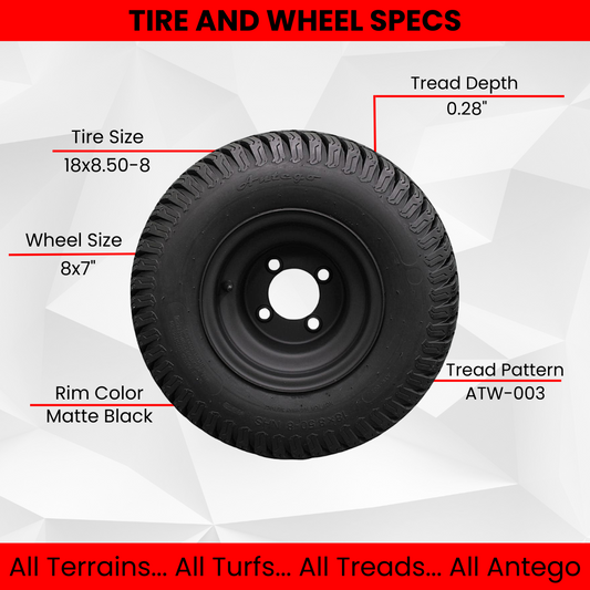 18X8.50-8" Turf Tires 4 Ply with 8x7 Matte Black Steel Golf Cart Wheel Assemblies (Set of