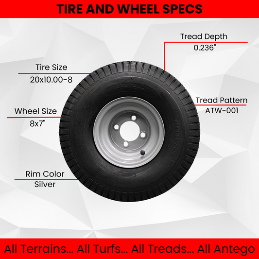 (Set of 2) (ATW-001) 20x10.00-8 Tires & Wheels 4 Ply for Lawn & Garden Mower (Compatible