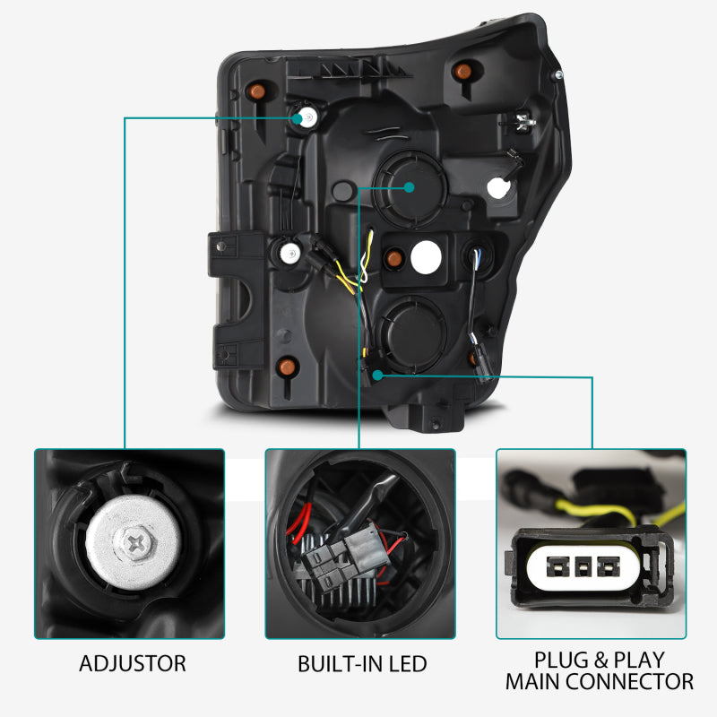 AlphaRex 11-16 Ford F-350 SD LUXX LED Proj Headlights Plank Style Black w/Activ Light/Seq