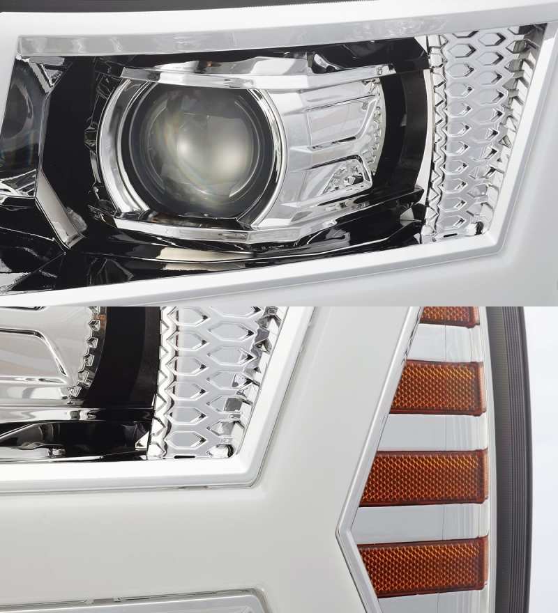 AlphaRex 07-13 Chevy 1500 LUXX LED Proj Headlights Plank Design Chrome w/ Activ Light/Seq