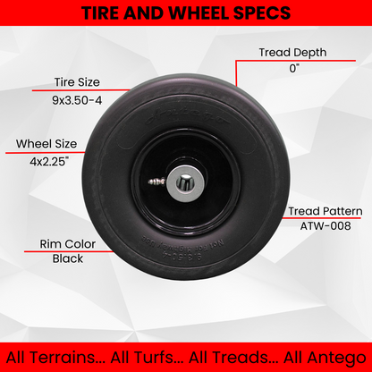 9x3.50-4 Flat Free Tire and Wheel Assemblies - Fits GRAVELY 45205, 3.25" Hub (2)