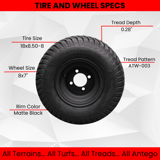 (Set of 4) Matte Black Wheels with 18x9.50-8 4 Ply Turf Tires for Golf and Lawn and