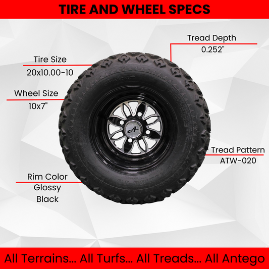 20x10.00-10 with 10x7 Fusion Glossy Black Wheels for Golf (Qty: 1 Tire and Wheel Assembly)