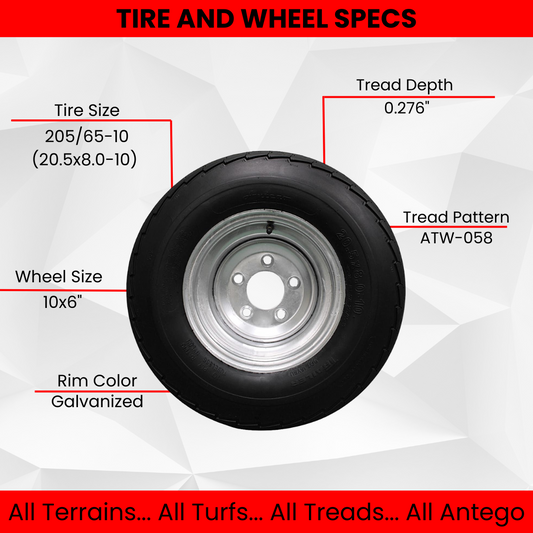 205/65-10 20.5x8.0-10 10 ply Load Range E Super Durable Antego Trailer Tire Wheel Assy (3)