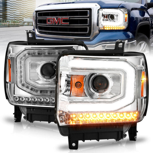 ANZO 2014-2015 Gmc Sierra 1500 Projector Headlights w/ Light Bar Chrome Housing (Halogen