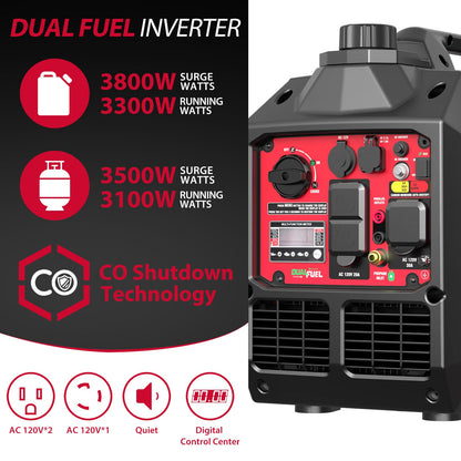PowerSmart 3800W/3500W Gas/Propane Dual Fuel Inverter Generator w/ CO Alert