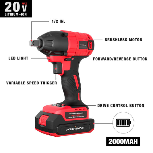 PowerSmart 20V Brushless Cordless Impact Wrench Kit w/ Battery & Charger