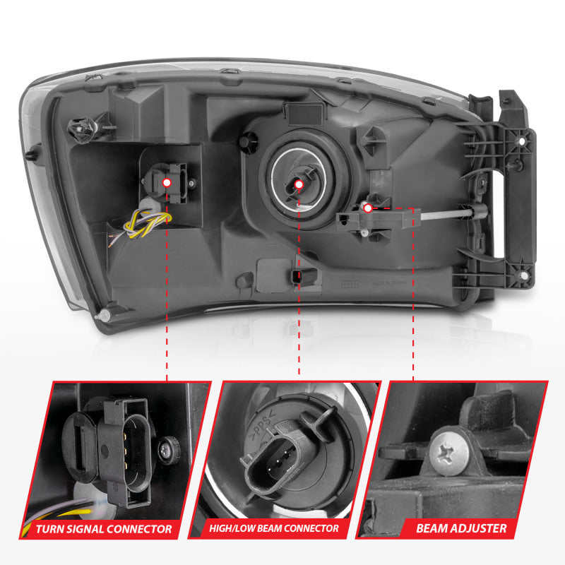 Anzo 06-09 Dodge RAM 1500/2500/3500 Headlights Black Housing/Clear Lens (w/Switchback