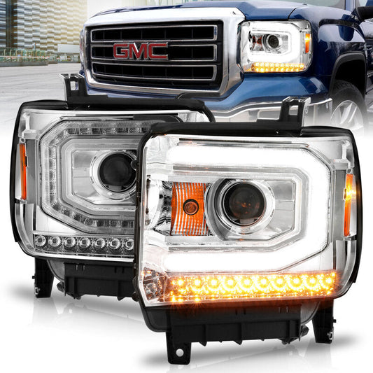 ANZO 2014-2015 Gmc Sierra 1500 Projector Headlights w/ Light Bar Chrome Housing (Halogen