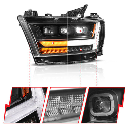 ANZO 19-24 RAM 1500 (New Body/OE Halogen) Full LED Proj Headlights DRL/SeqSig Black - Driver Side 111628A-L