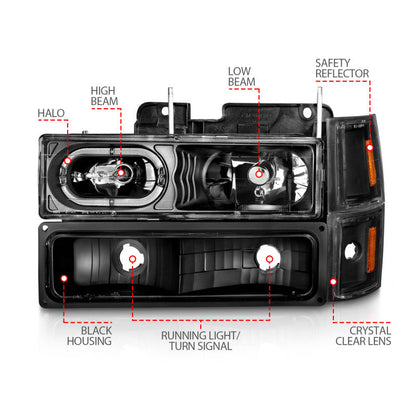 ANZO 88-98 Chevrolet C1500 Crystal Headlights Black Housing w/ Signal and Side Marker