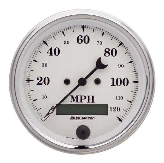 AutoMeter Gauge Speedo. 3-3/8in. 120MPH Elec. Prog. W/ Lcd Odo Old Tyme White 1680