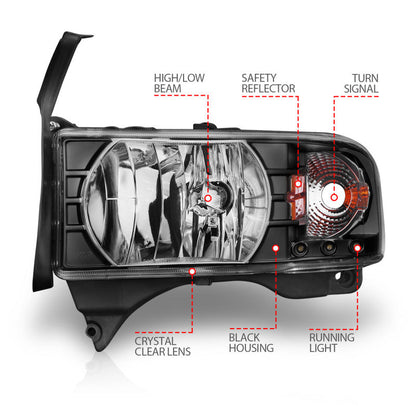 Anzo 1994-2001 Dodge Ram Crystal Headlights Black w/ LED