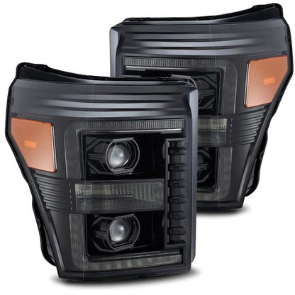AlphaRex 11-16 Ford F-350 SD LUXX LED Proj Headlights Plank Style Alpha Blk w/Activ