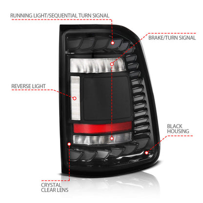 ANZO 19-24 RAM 1500 (Factory LED Models ONLY) Full LED Tail Lights SeqSig Black - Pair 311481A