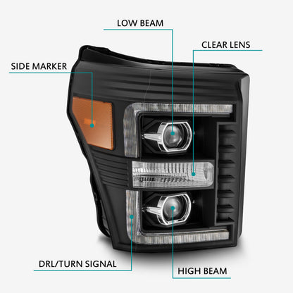 AlphaRex 11-16 Ford F-350 SD LUXX LED Proj Headlights Plank Style Black w/Activ Light/Seq