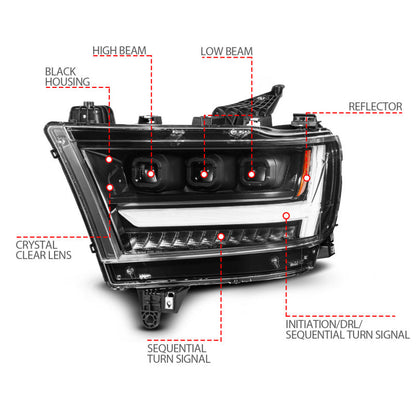 ANZO 19-24 RAM 1500 (New Body/OE Halogen) Full LED Proj Headlights DRL/SeqSig Black - Pass. Side 111628A-R