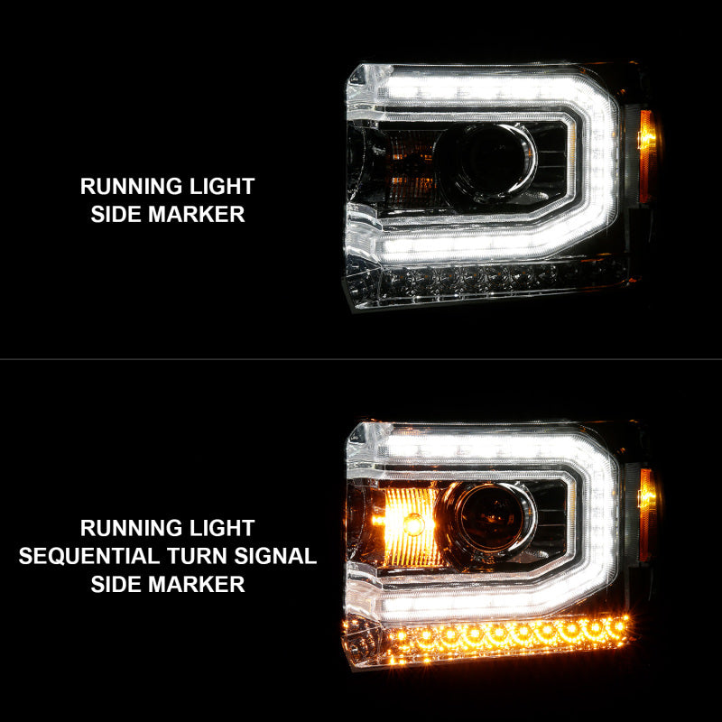 ANZO 2014-2015 Gmc Sierra 1500 Projector Headlights w/ Light Bar Chrome Housing (Halogen
