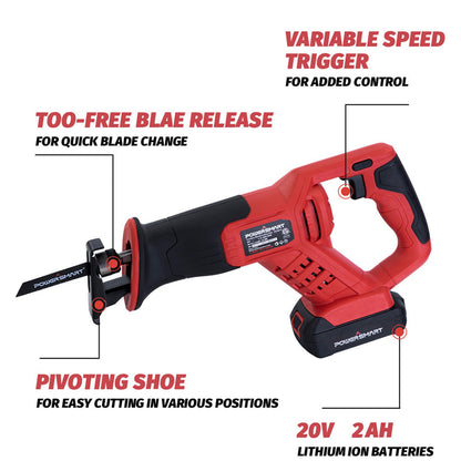 PowerSmart Cordless Reciprocating Saw with 20V 2.0Ah Battery and Charger for