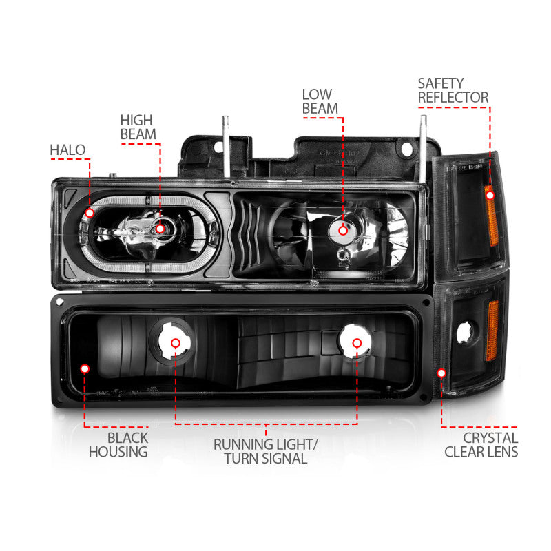 ANZO 88-98 Chevrolet C1500 Crystal Headlights Black Housing w/ Signal and Side Marker