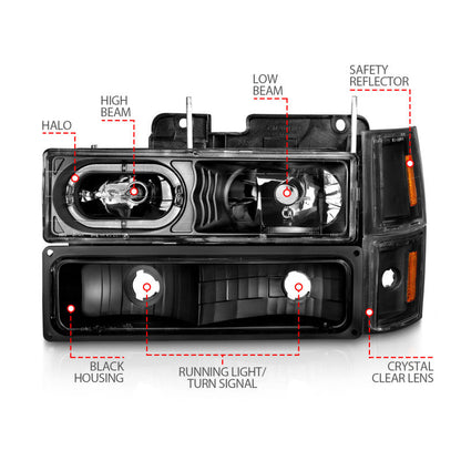 ANZO 88-98 Chevrolet C1500 Crystal Headlights Black Housing w/ Signal and Side Marker