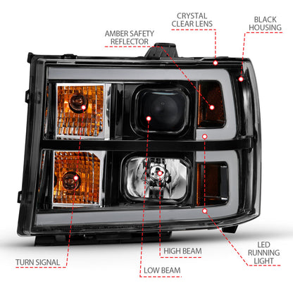 ANZO 2007-2013 Gmc Sierra 1500 Projector Headlight Plank Style Black w/ Clear Lens Amber 111482