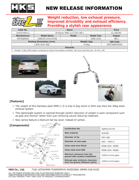 HKS Hi-Power Spec-L2 Cz4A 4B11 31019-Am111