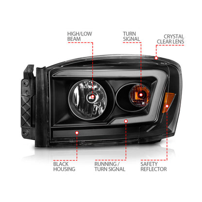 Anzo 06-09 Dodge RAM 1500/2500/3500 Headlights Black Housing/Clear Lens (w/Switchback