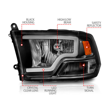 ANZO 2009-2018 Dodge Ram 1500 Crystal Headlights w/ Light Bar Black Housing 111515
