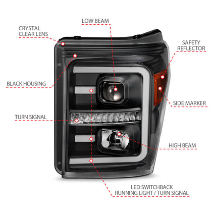 ANZO 2011-2016 Ford F250 Projector Headlights w/ Plank Style Switchback Black w/ Amber 111406