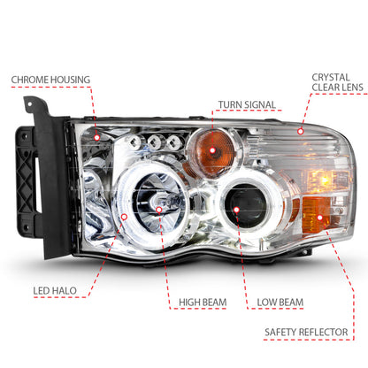 ANZO 2002-2005 Dodge Ram 1500 Projector Headlights w/ Halo Chrome Clear Amber 111491